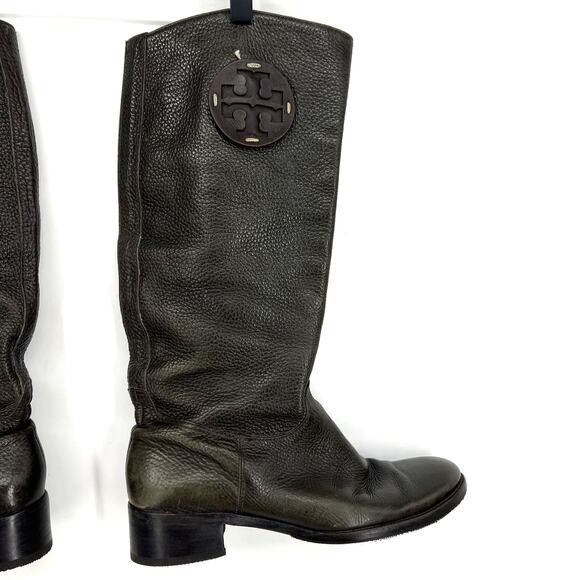 Tory Burch Chocolate Brown Tall Pebbled Leather Heel Riding Boots Logo Size 9 M - Picture 3 of 16